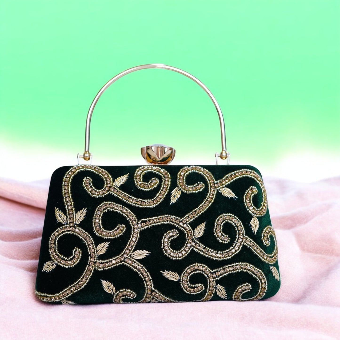 green designer clutch bag